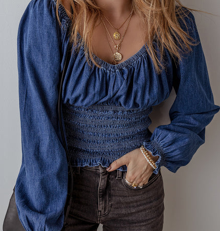 Ruffle Puff Sleeve Denim Top