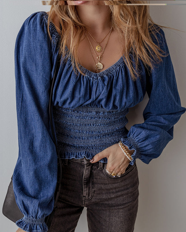 Ruffle Puff Sleeve Denim Top