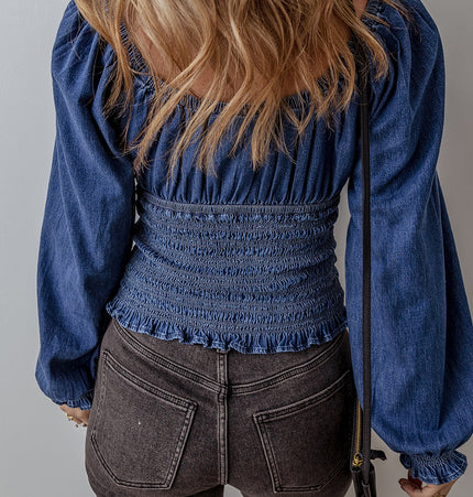Ruffle Puff Sleeve Denim Top