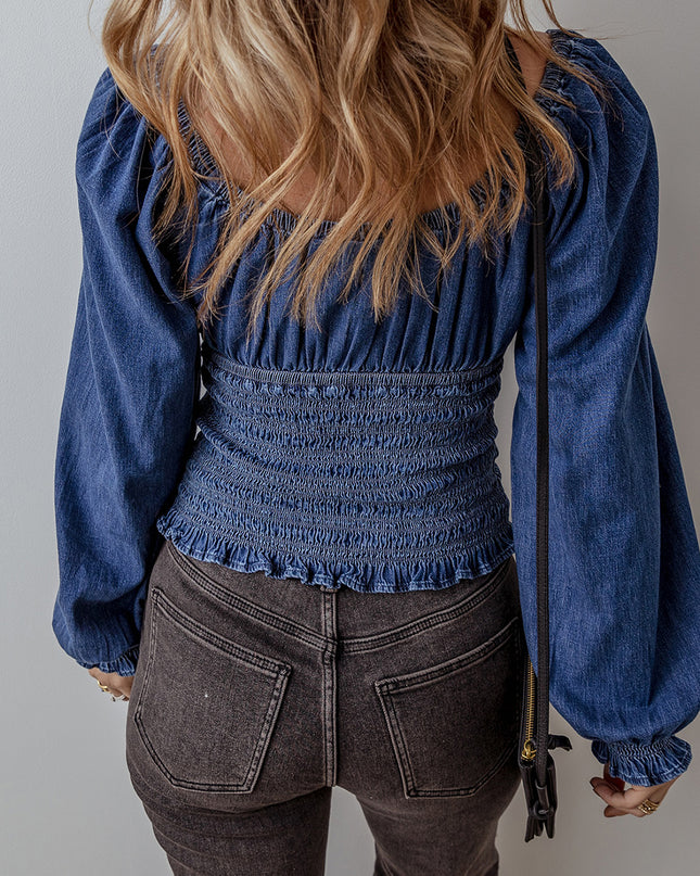Ruffle Puff Sleeve Denim Top
